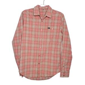RVCA Long Sleeve Button-Down Shirt Classic Fit Check Plaid Orange Taupe Size M